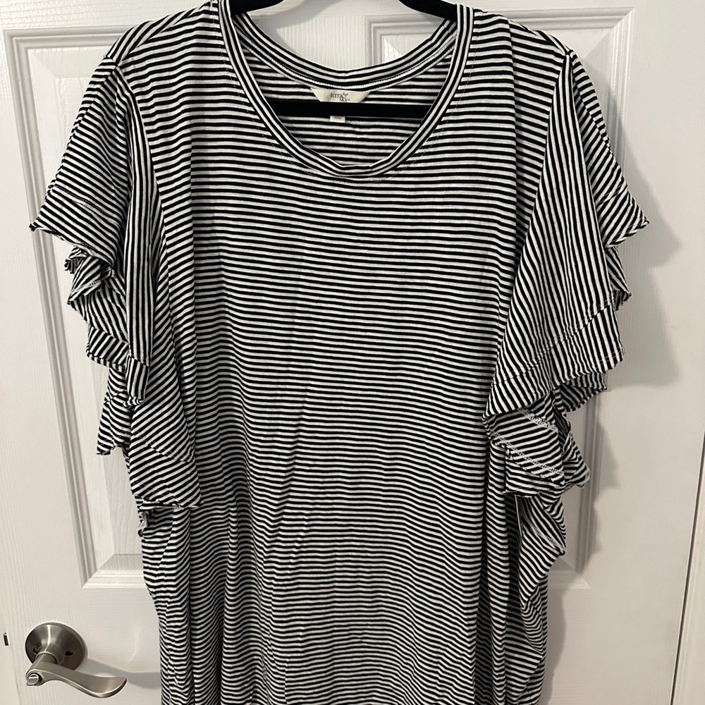 Terra & Sky Black and White Striped Blouse with Ruffle Sleeves